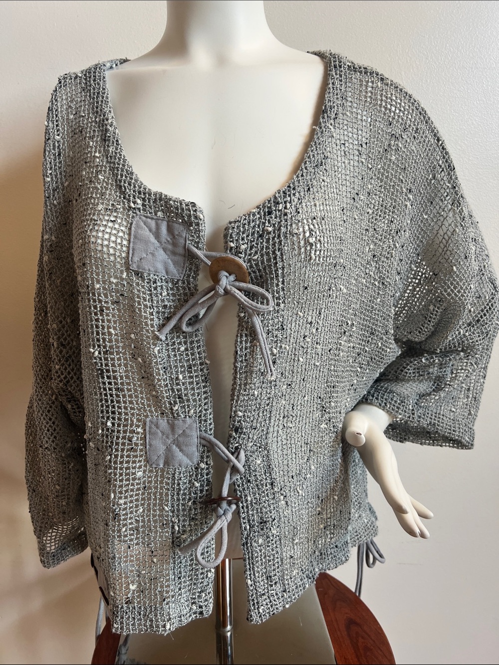 Kaktus Light Gray Open-Knit Tie-Front lagenlook Women’s Top